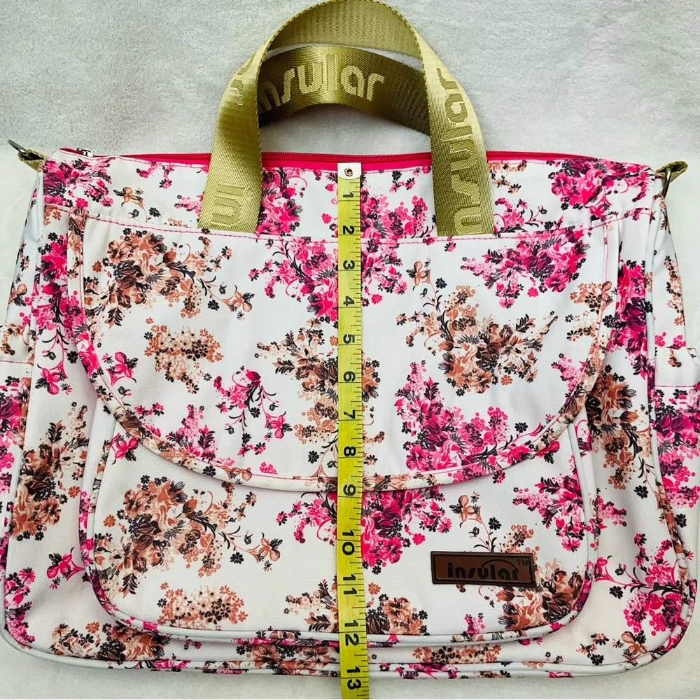 INSOLAR 15”x13” Floral Pink Baby Infant Insulated Diaper Bag - 4 Piece Set